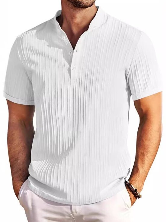 Other - Summer Stand Collar Buttons Short Sleeve T-shirt Solid Color Stripe Polo For Men